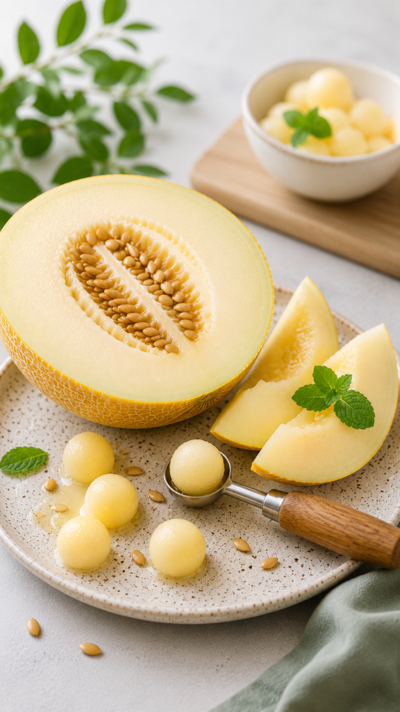 "Preparación de bolitas de melón fresco para decorar un postre de yogur