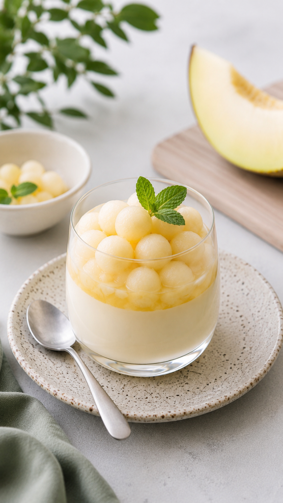 "Crema de yogur y melón en vasito individual decorado con hojas de menta fresca"