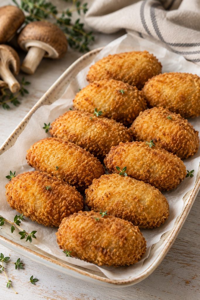 Plato de croquetas de setas caseras súper cremosas rebozadas con panko